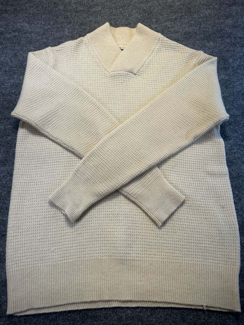 Schott Bros. Shawl Collar Cream Waffle Knit Sweater Size M Fisherman Preppy